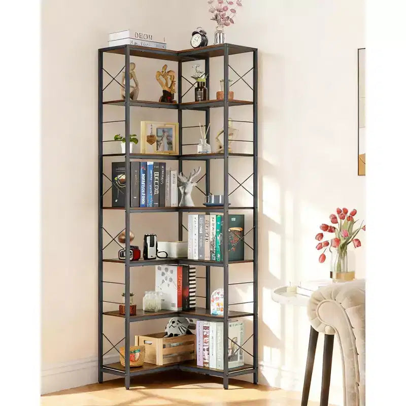 7 Tier Corner Bookshelf, 78H L-Shaped Open Bookcase with Metal Frame, Freestanding Open Storage Rack for Bedroom Living Room Office