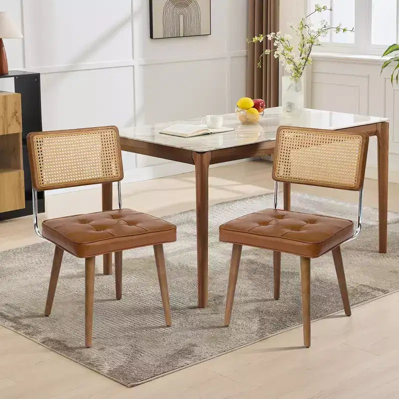 Set of 2 Mid-Century Rattan Dining Chairs Upholstered Linen/Soft Seat, Solidified Wood & Metal Frame, Cane Back Kitchen, Dining Room