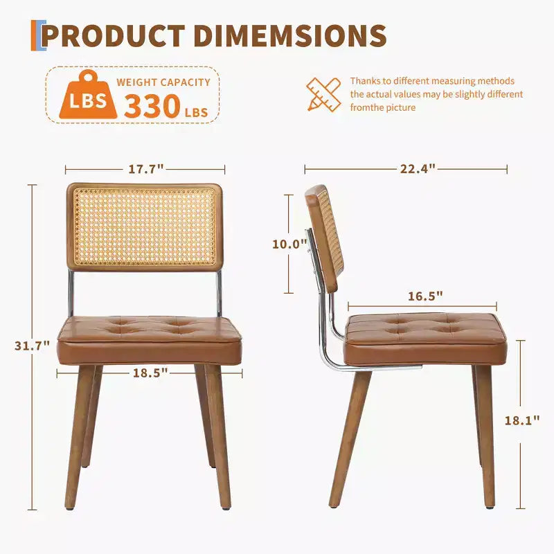 Set of 2 Mid-Century Rattan Dining Chairs Upholstered Linen/Soft Seat, Solidified Wood & Metal Frame, Cane Back Kitchen, Dining Room