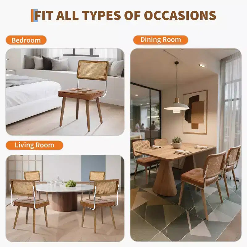 Set of 2 Mid-Century Rattan Dining Chairs Upholstered Linen/Soft Seat, Solidified Wood & Metal Frame, Cane Back Kitchen, Dining Room