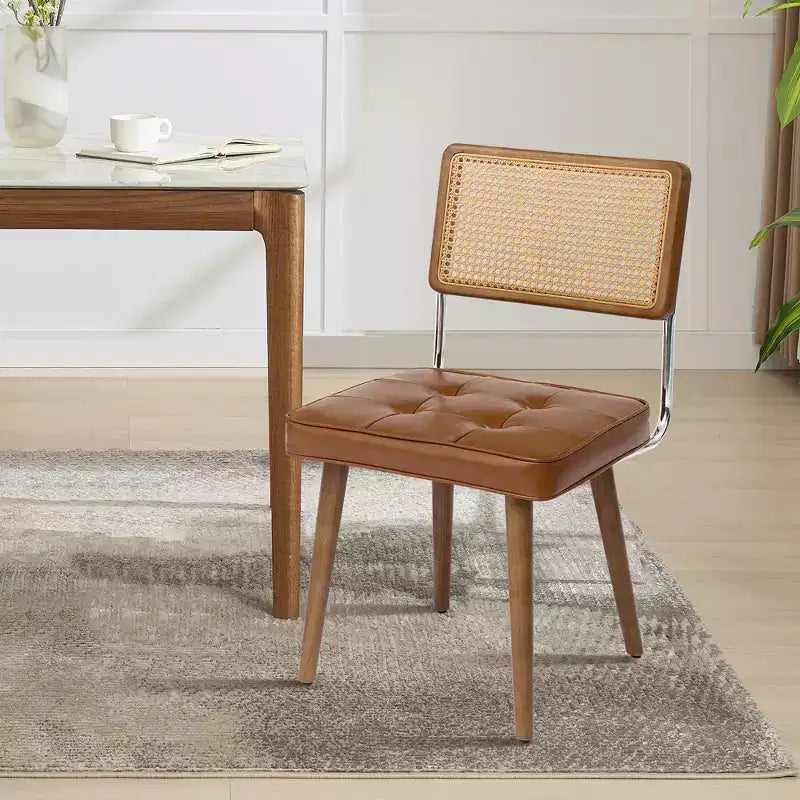Set of 2 Mid-Century Rattan Dining Chairs Upholstered Linen/Soft Seat, Solidified Wood & Metal Frame, Cane Back Kitchen, Dining Room