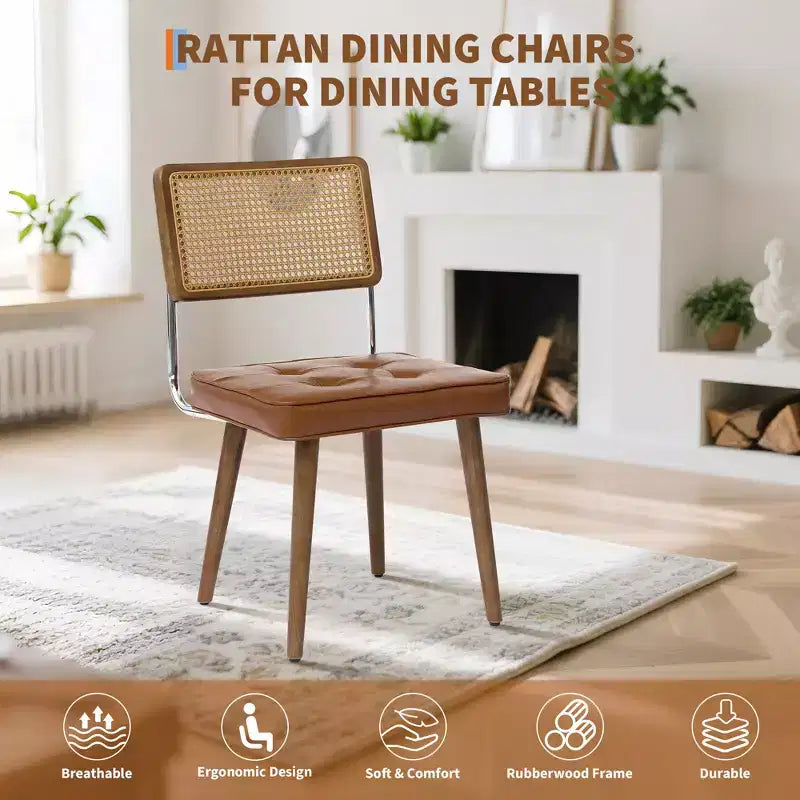 Set of 2 Mid-Century Rattan Dining Chairs Upholstered Linen/Soft Seat, Solidified Wood & Metal Frame, Cane Back Kitchen, Dining Room