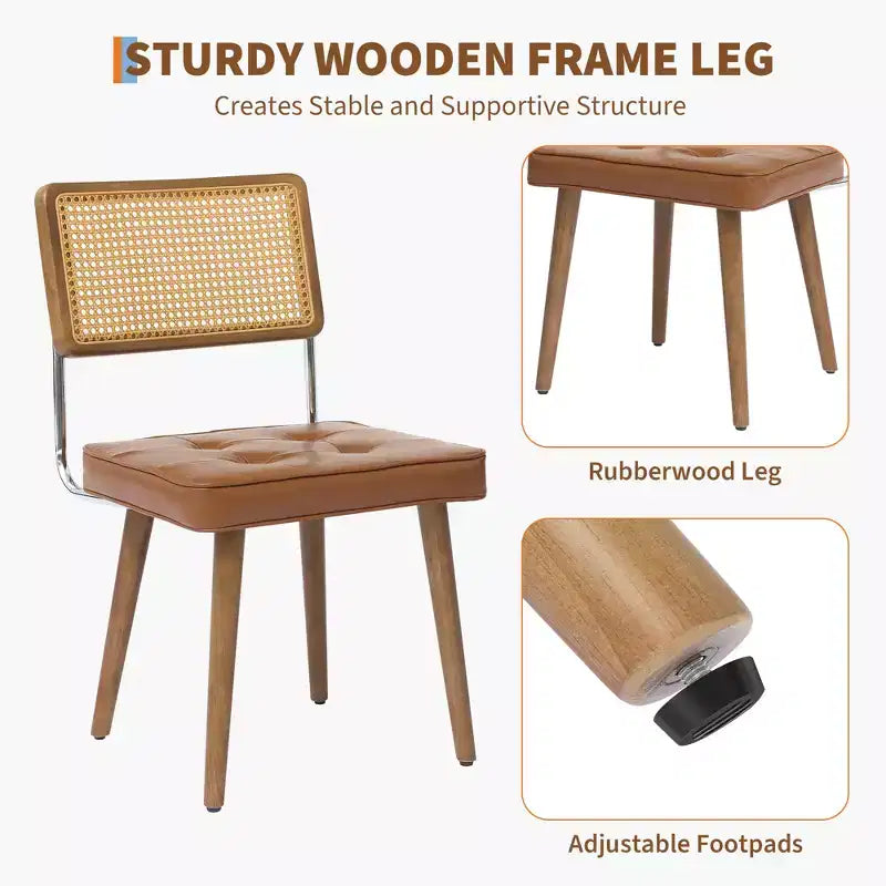 Set of 2 Mid-Century Rattan Dining Chairs Upholstered Linen/Soft Seat, Solidified Wood & Metal Frame, Cane Back Kitchen, Dining Room