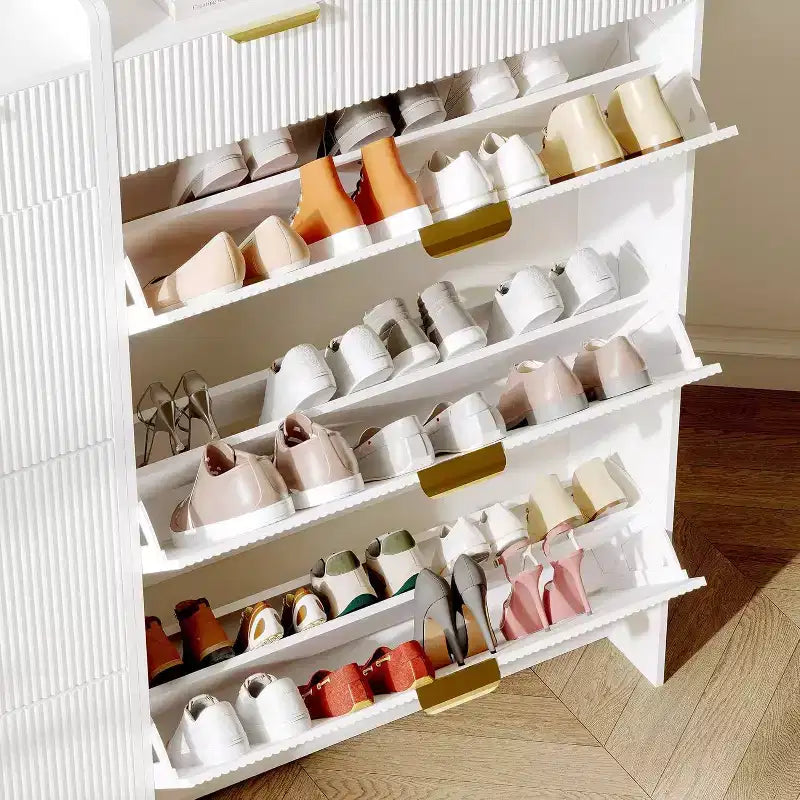 GustoWave Modern Fluted Slim Shoe Storage Cabinet Organizer with 3 Flip Drawers for Apartment