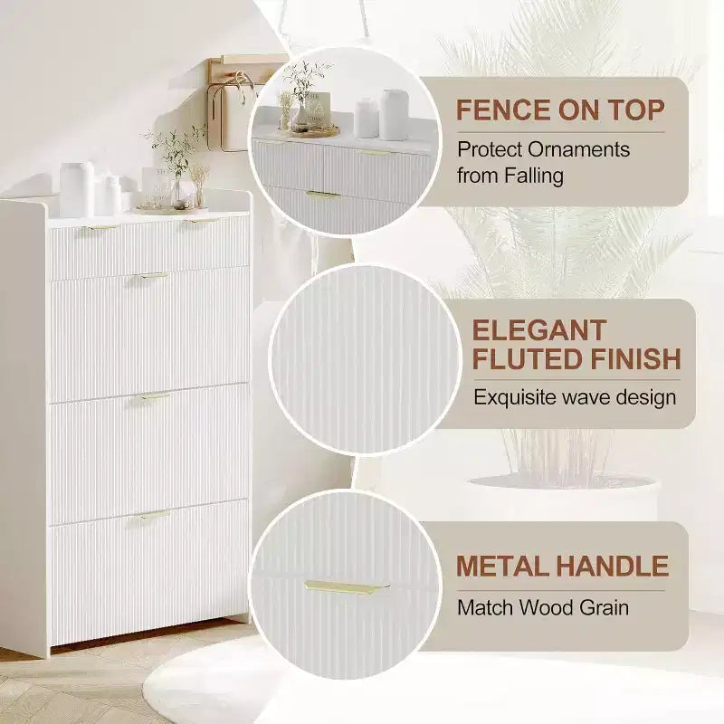 GustoWave Modern Fluted Slim Shoe Storage Cabinet Organizer with 3 Flip Drawers for Apartment