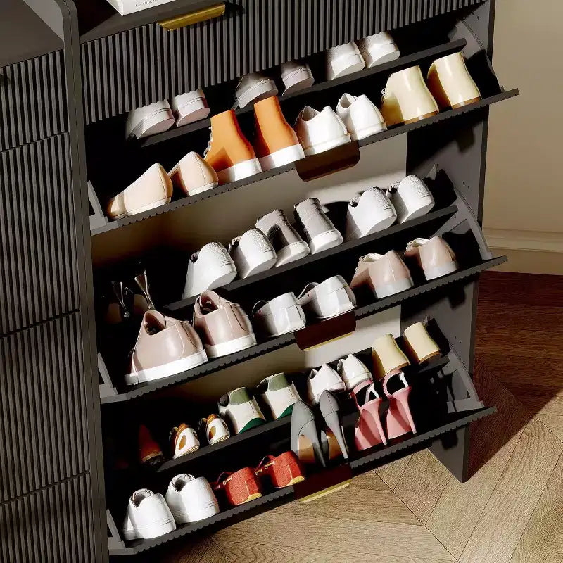 GustoWave Modern Fluted Slim Shoe Storage Cabinet Organizer with 3 Flip Drawers for Apartment