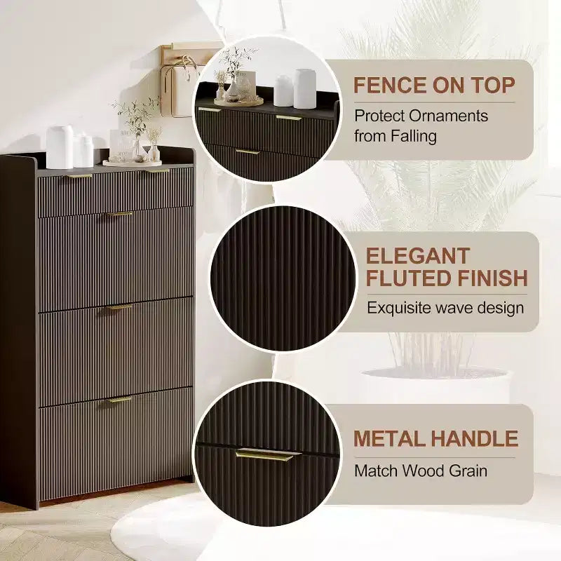 GustoWave Modern Fluted Slim Shoe Storage Cabinet Organizer with 3 Flip Drawers for Apartment