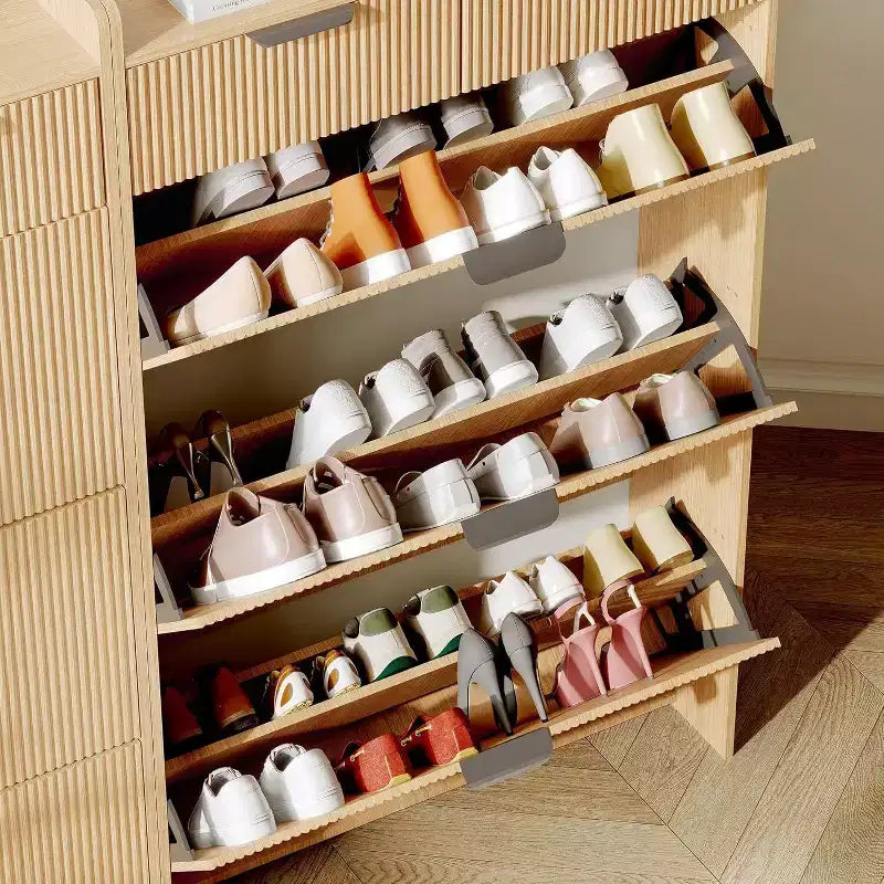 GustoWave Modern Fluted Slim Shoe Storage Cabinet Organizer with 3 Flip Drawers for Apartment