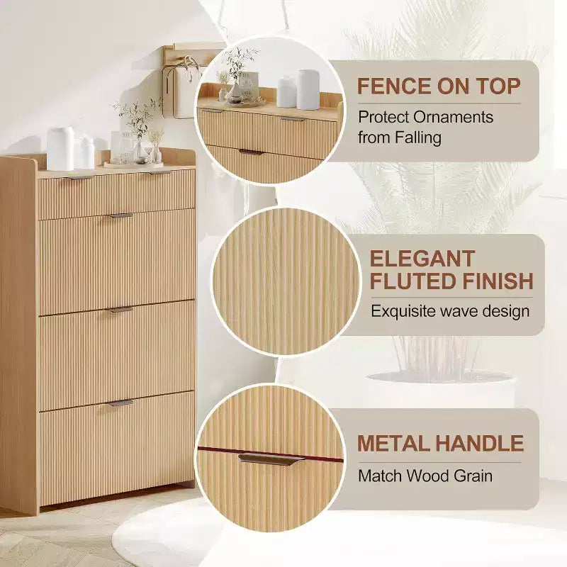 GustoWave Modern Fluted Slim Shoe Storage Cabinet Organizer with 3 Flip Drawers for Apartment