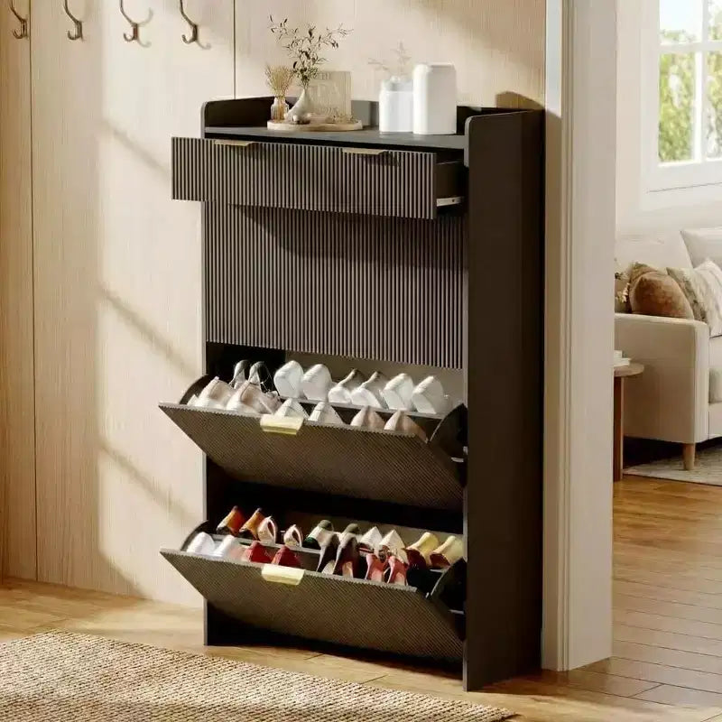 GustoWave Modern Fluted Slim Shoe Storage Cabinet Organizer with 3 Flip Drawers for Apartment