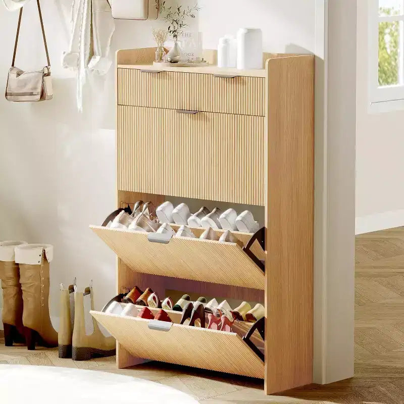 GustoWave Modern Fluted Slim Shoe Storage Cabinet Organizer with 3 Flip Drawers for Apartment