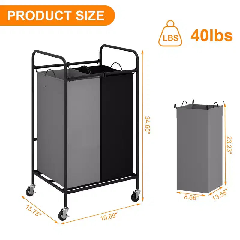 2-Bag Laundry Sorter Cart, 80L Rolling Laundry Hamper with Lockable Wheels 2 Section Large Basket Organizer for Dirty Clothes & Toys