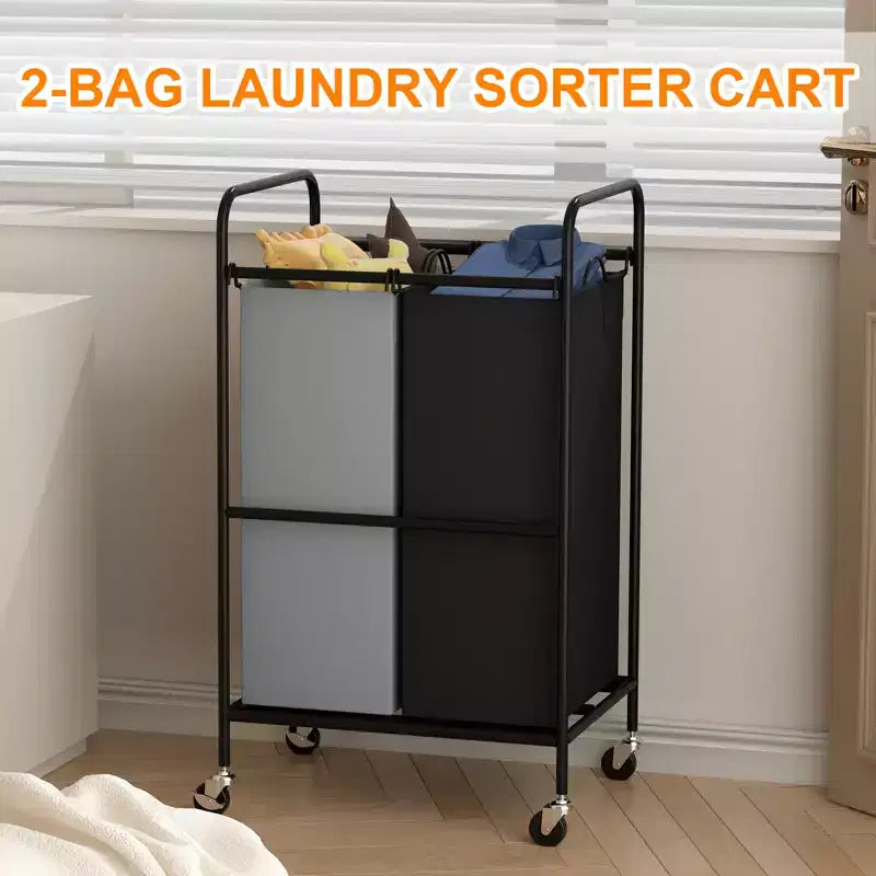 2-Bag Laundry Sorter Cart, 80L Rolling Laundry Hamper with Lockable Wheels 2 Section Large Basket Organizer for Dirty Clothes & Toys