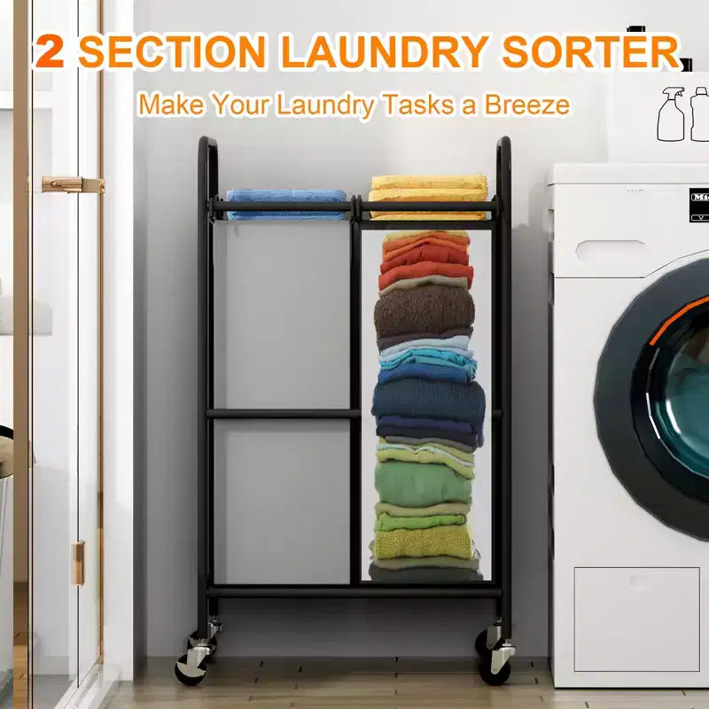 2-Bag Laundry Sorter Cart, 80L Rolling Laundry Hamper with Lockable Wheels 2 Section Large Basket Organizer for Dirty Clothes & Toys