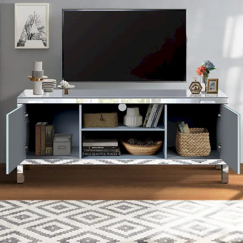 59 TV Stand with Diamond-Shaped Mirror Doors and Storage for TVs Up to 65