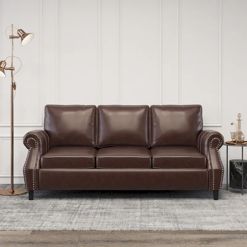 80 Modern Faux Leather 3-Seater Sofa with Birch Legs and Nailheads