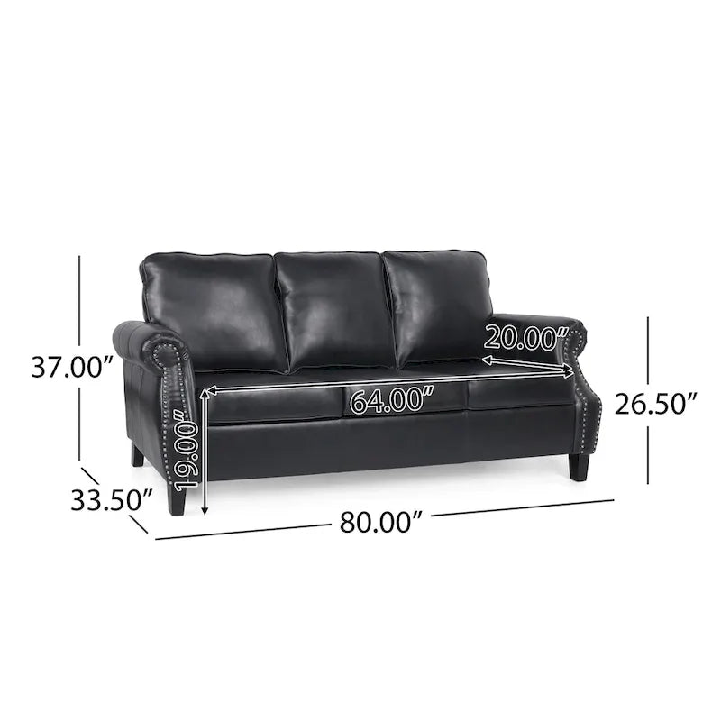 80 Modern Faux Leather 3-Seater Sofa with Birch Legs and Nailheads