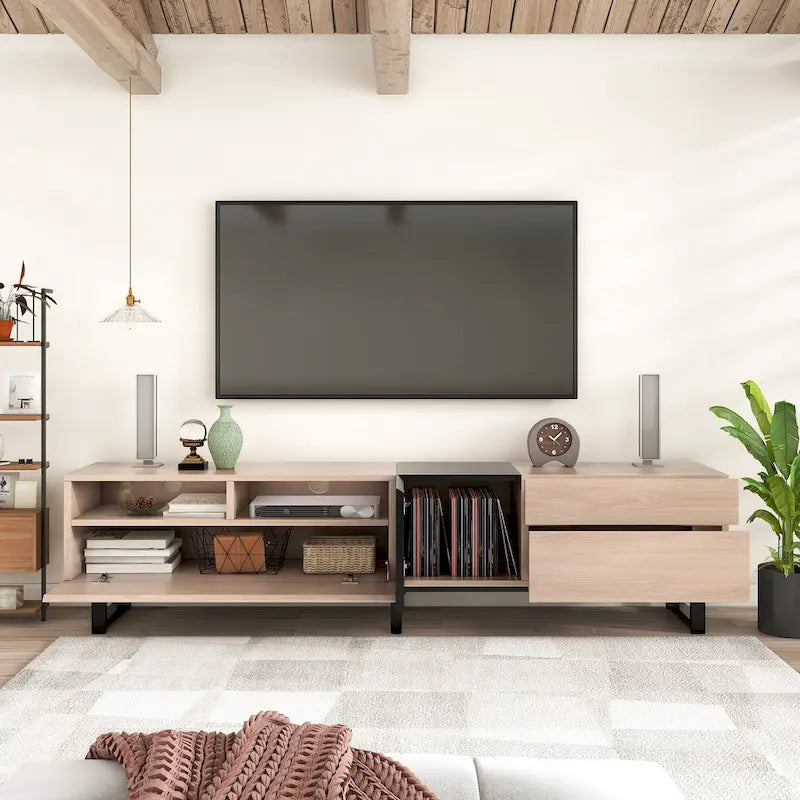 Natural+Black 70.9 TV Stand with Double Storage for 80 TVs