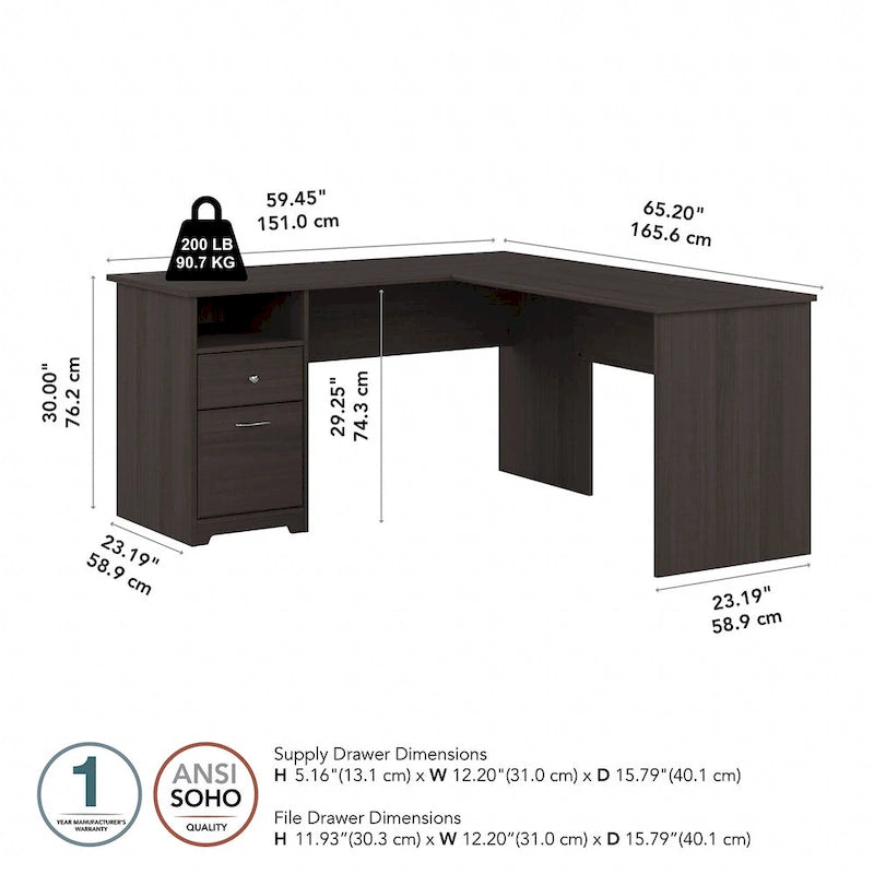 Cabot 60W L-Desk with Hutch and Drawers by Bush Furniture