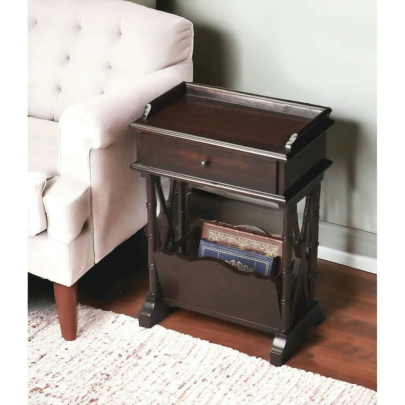 HomeRoots 24 Black Solid and Manufactured Wood End Table With Drawer And Shelf With Magazine Holder - 24