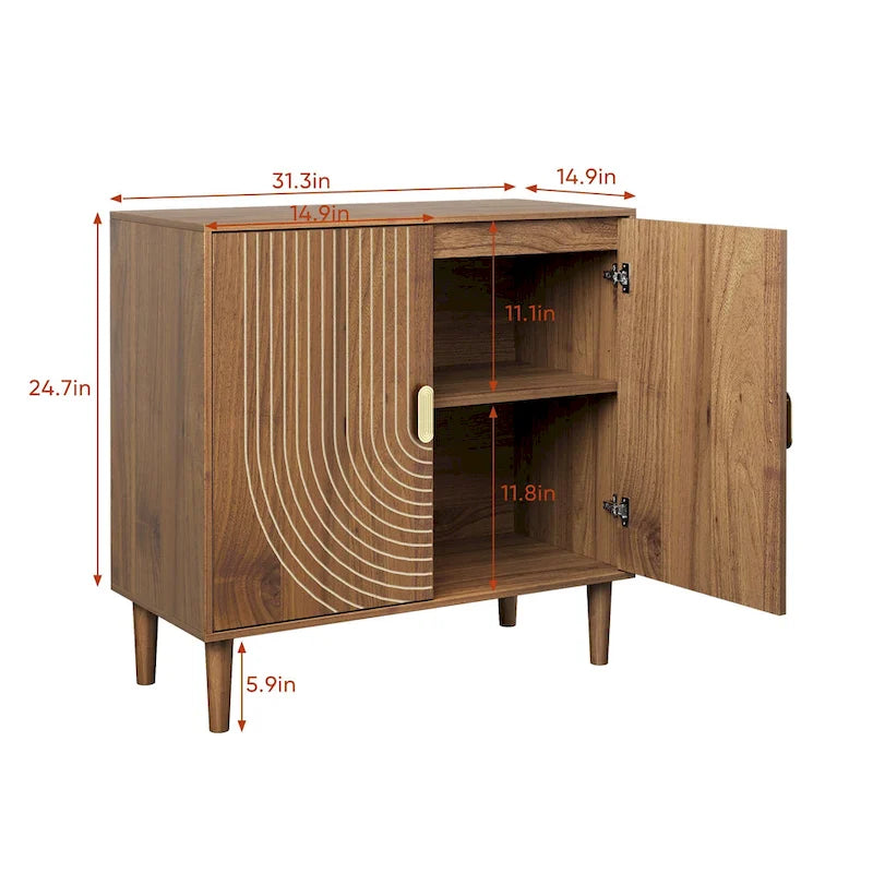 Walnut Sideboard Cabinet, Freestanding Buffet Cabinet with Line Groove Design Wood Storage Cabinet with Adjustable Shelf