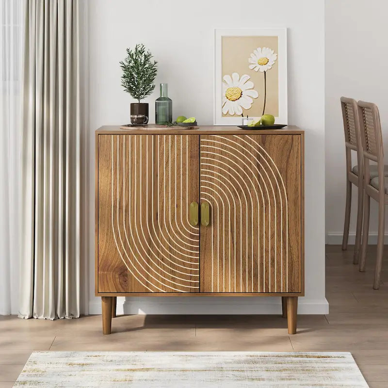 Walnut Sideboard Cabinet, Freestanding Buffet Cabinet with Line Groove Design Wood Storage Cabinet with Adjustable Shelf