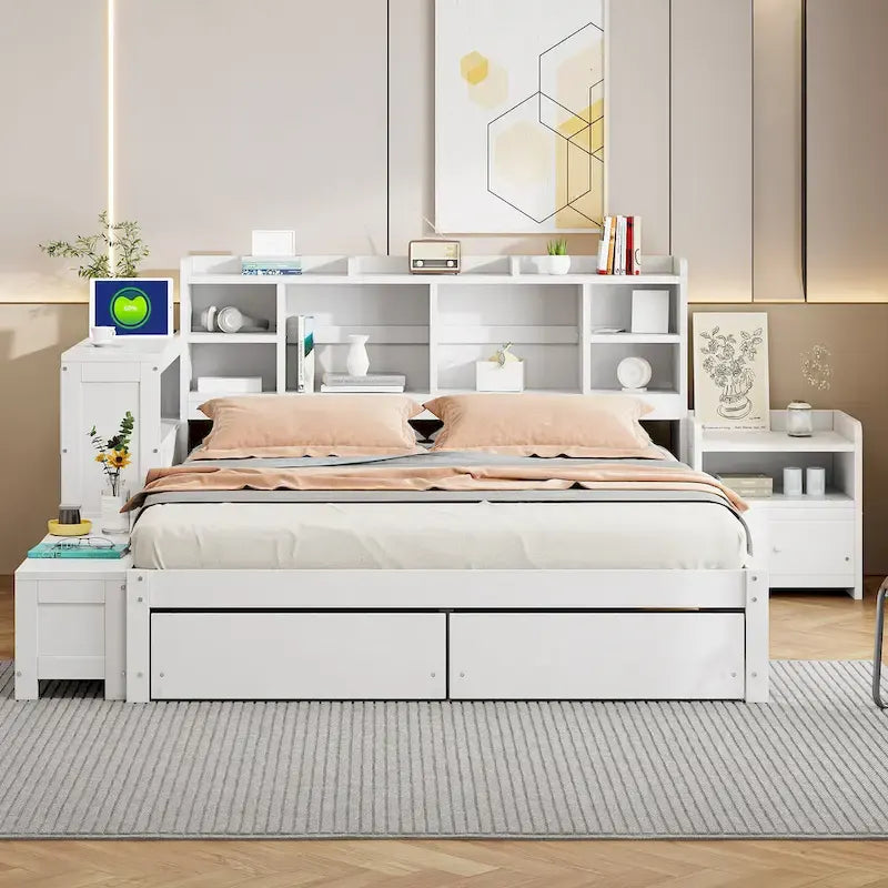 Full Size Wooden Platform Bed with Storage, Nightstand, Desk, USB Ports & 2 Drawers,White