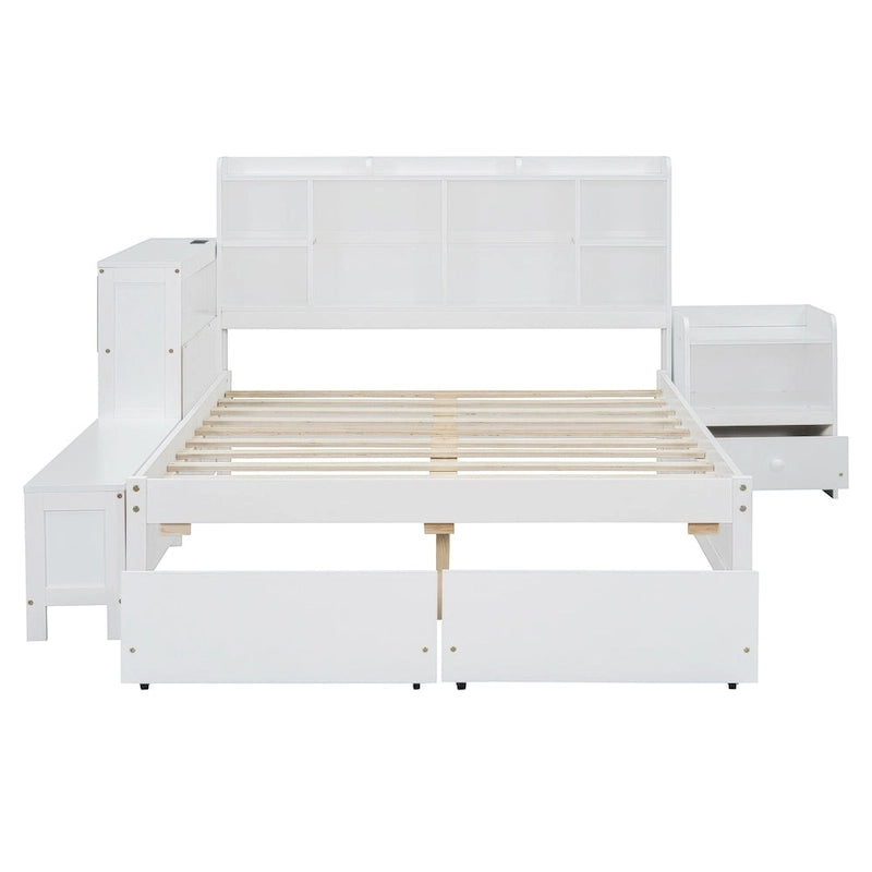 Full Size Wooden Platform Bed with Storage, Nightstand, Desk, USB Ports & 2 Drawers,White