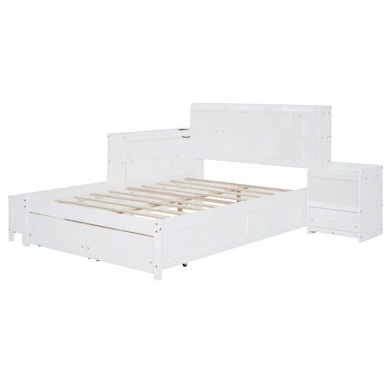 Full Size Wooden Platform Bed with Storage, Nightstand, Desk, USB Ports & 2 Drawers,White