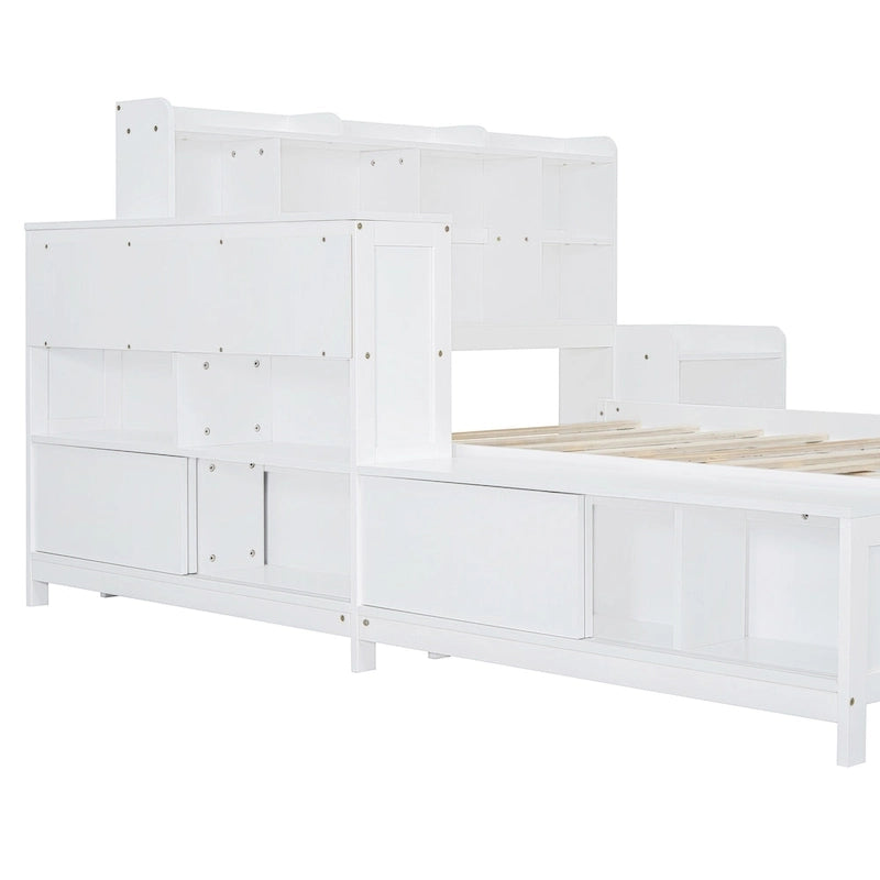 Full Size Wooden Platform Bed with Storage, Nightstand, Desk, USB Ports & 2 Drawers,White