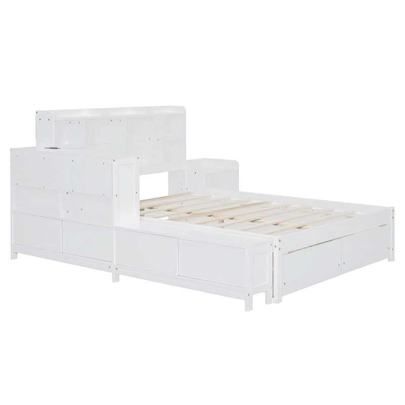 Full Size Wooden Platform Bed with Storage, Nightstand, Desk, USB Ports & 2 Drawers,White