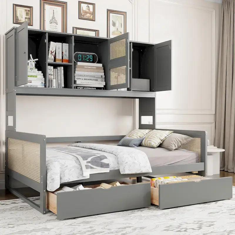 Modern Full Size Wood Daybed Storage Platform Bed Frame with All-in-One Cabinet, 2 Drawers and Shelf