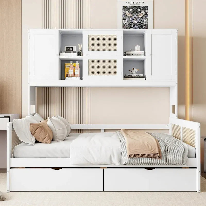 Modern Full Size Wood Daybed Storage Platform Bed Frame with All-in-One Cabinet, 2 Drawers and Shelf