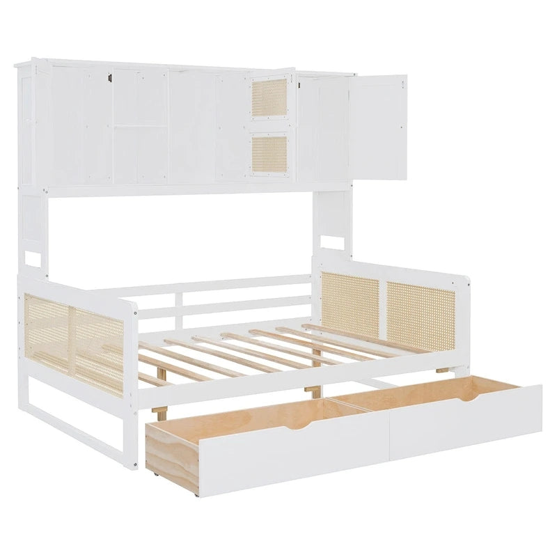 Modern Full Size Wood Daybed Storage Platform Bed Frame with All-in-One Cabinet, 2 Drawers and Shelf