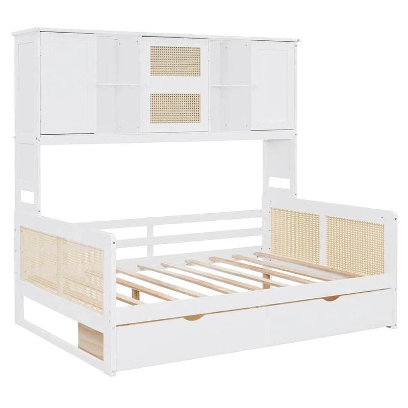 Modern Full Size Wood Daybed Storage Platform Bed Frame with All-in-One Cabinet, 2 Drawers and Shelf