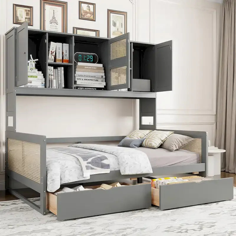 Modern Full Size Wood Daybed Storage Platform Bed Frame with All-in-One Cabinet, 2 Drawers and Shelf