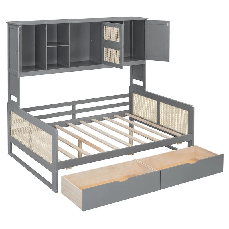Modern Full Size Wood Daybed Storage Platform Bed Frame with All-in-One Cabinet, 2 Drawers and Shelf