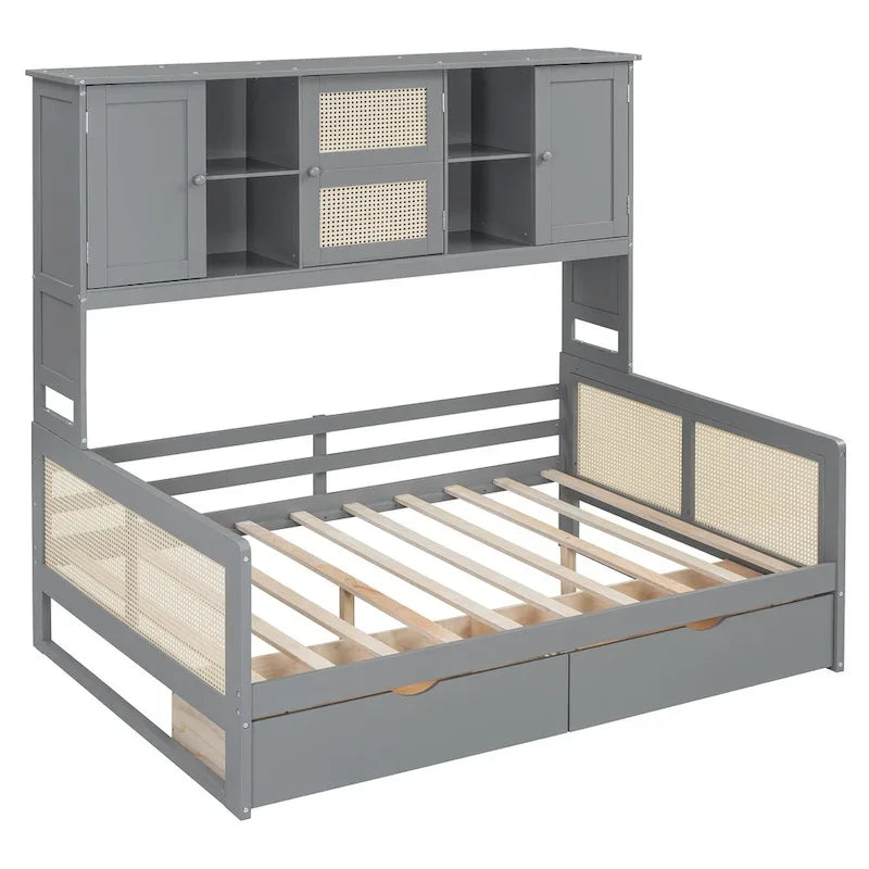 Modern Full Size Wood Daybed Storage Platform Bed Frame with All-in-One Cabinet, 2 Drawers and Shelf