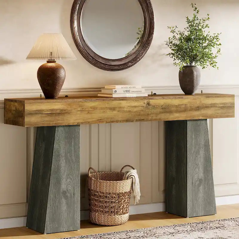 Farmhouse Entryway Table, 63-Inch Long Wooden Sofa Console TableB