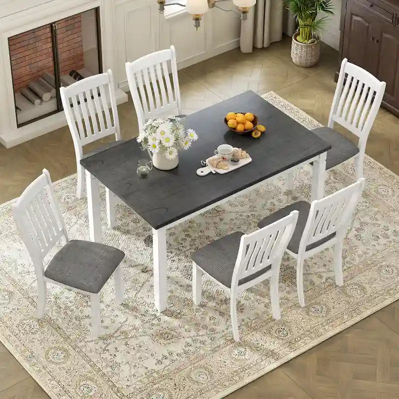 7-Piece Rustic Farmhouse Dining Table and Chair Sets Simple Dining Table and Chair Sets with Shaped Legs for Open-Concept Spaces