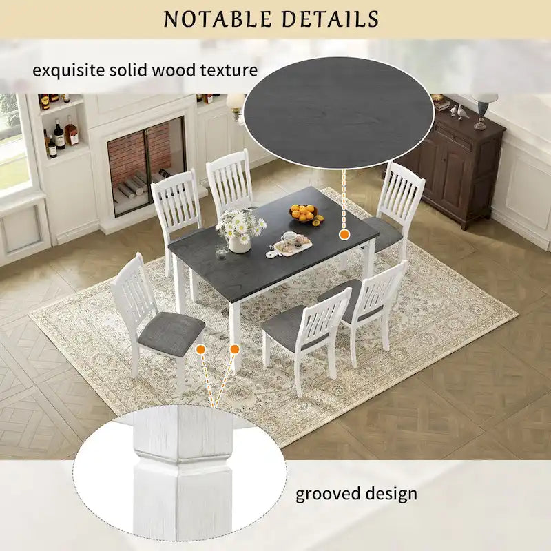 7-Piece Rustic Farmhouse Dining Table and Chair Sets Simple Dining Table and Chair Sets with Shaped Legs for Open-Concept Spaces