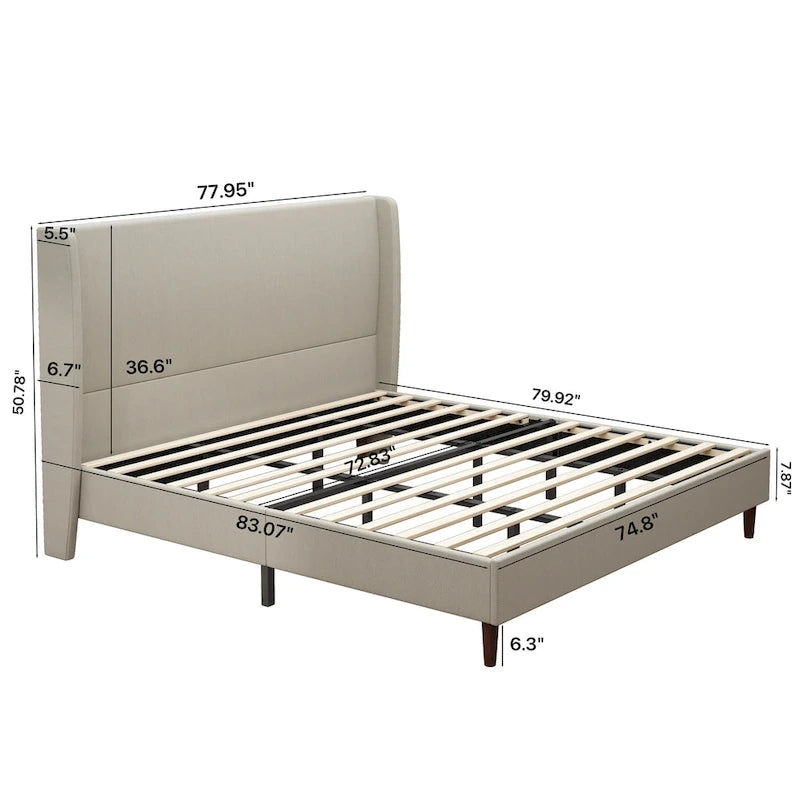King Platform Bed with Solid Wood Legs & 12-Slat Support