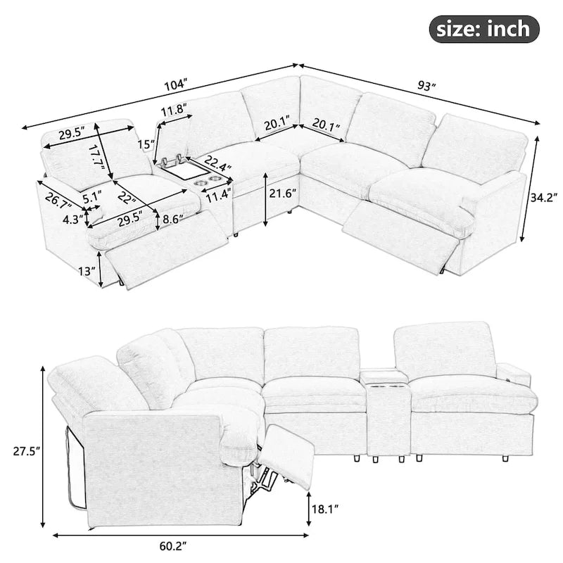 Power Recliner Corner Sofa Reclining Sofa Sectional Couches with Cup Holders, USB Ports and Power Socket for Living Room