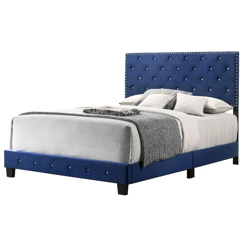 Velvet Tufted Faux Jewel Upholstered Full Panel Bed - 77 - Blue