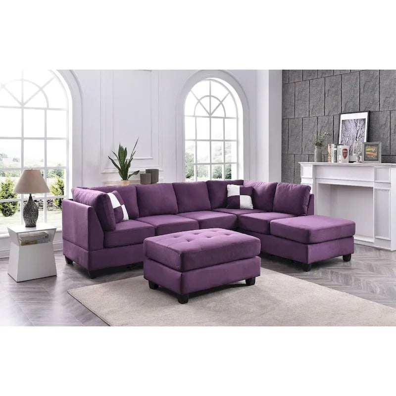 Reversible Microsuede 4-Seater Sectional Sofa with Throw Pillows - 111 - Purple