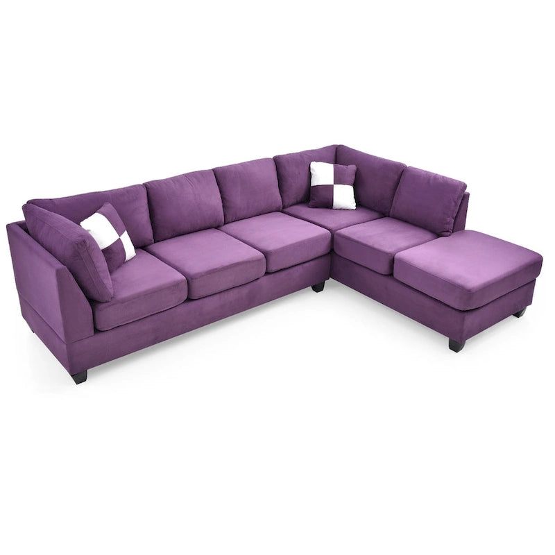 Reversible Microsuede 4-Seater Sectional Sofa with Throw Pillows - 111 - Purple