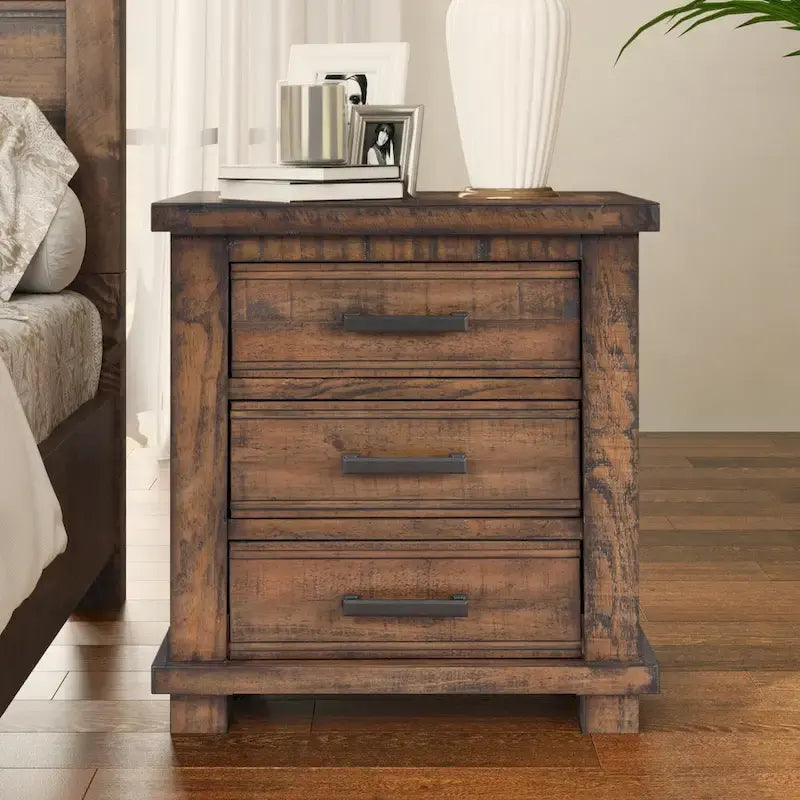 3-Pieces Bedroom Sets Wood Platform Bed Frame and Headboard,Solid Wood Nightstands Set of 2 with Three Drawer