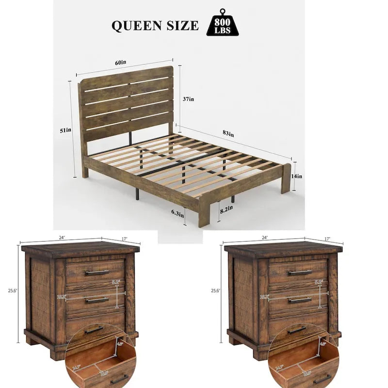 3-Pieces Bedroom Sets Wood Platform Bed Frame and Headboard,Solid Wood Nightstands Set of 2 with Three Drawer