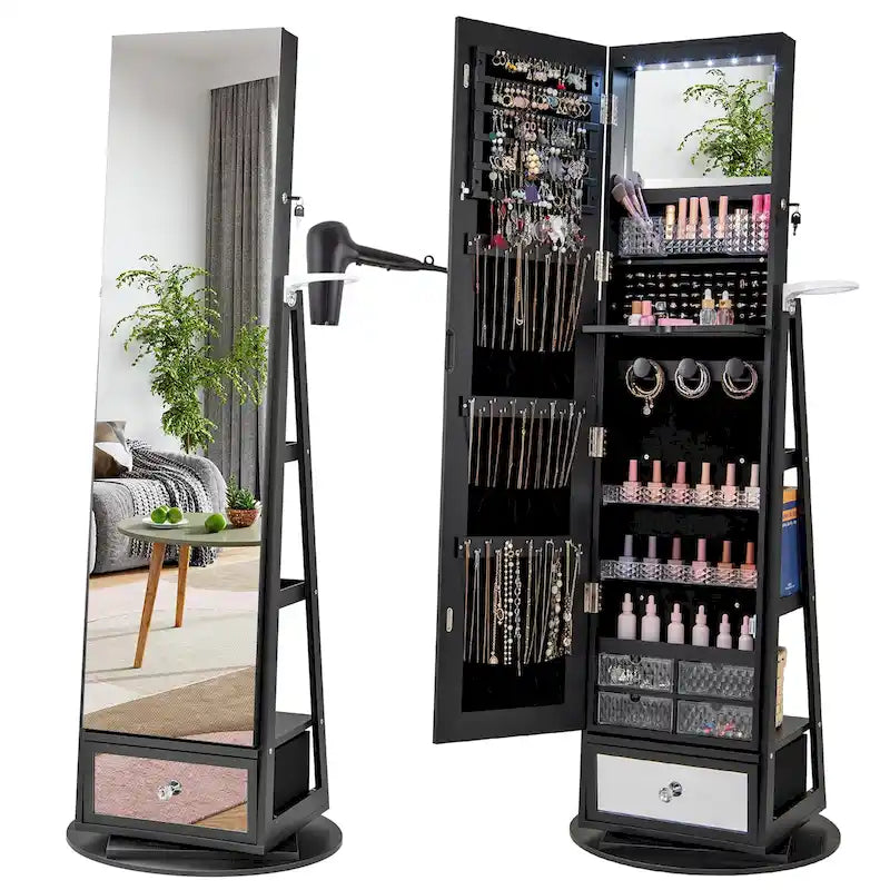 Gymax Swivel Jewelry Cabinet w/ Mirror Jewelry Storage Organizer