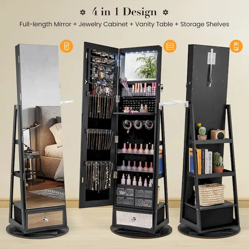 Gymax Swivel Jewelry Cabinet w/ Mirror Jewelry Storage Organizer